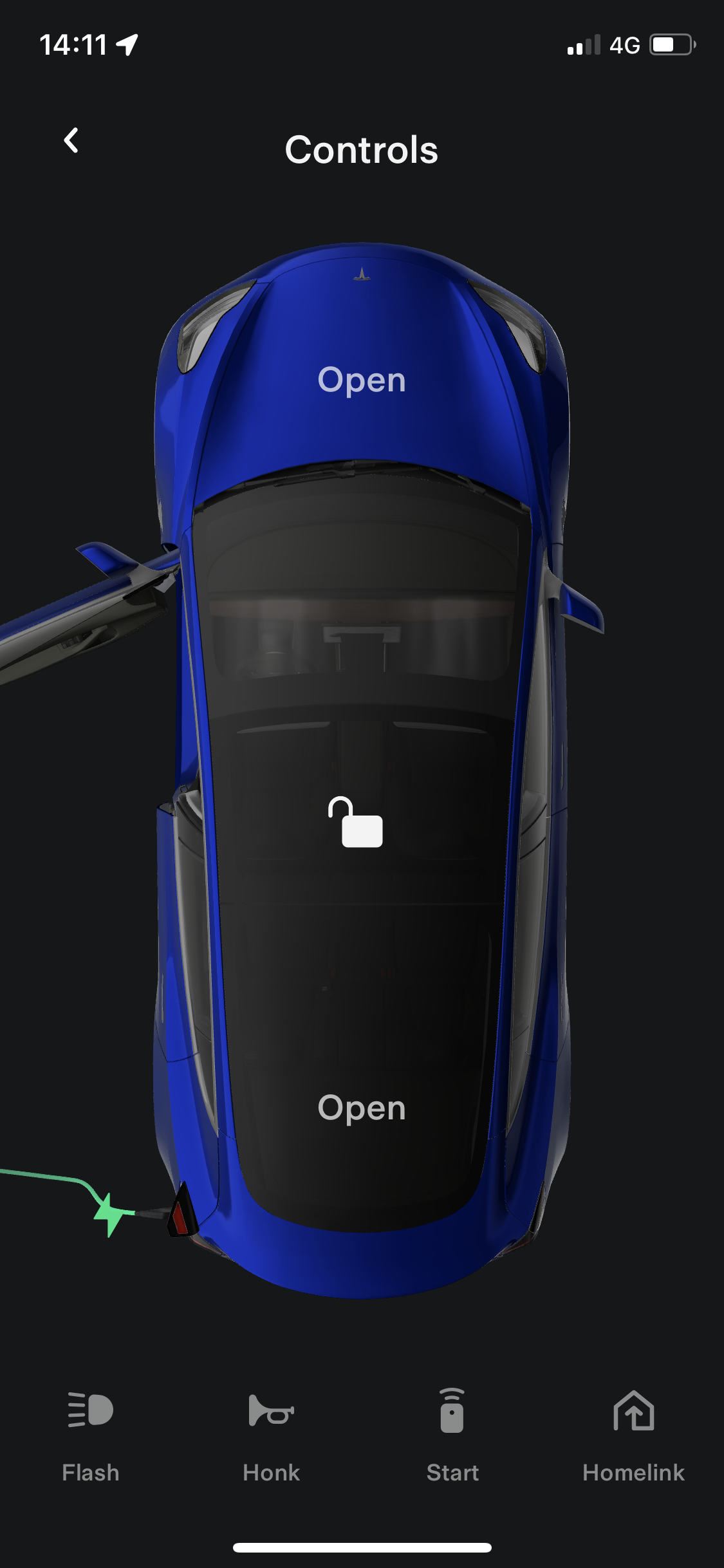 Image of a blue Tesla Model 3 with the driver open and connected to the charger